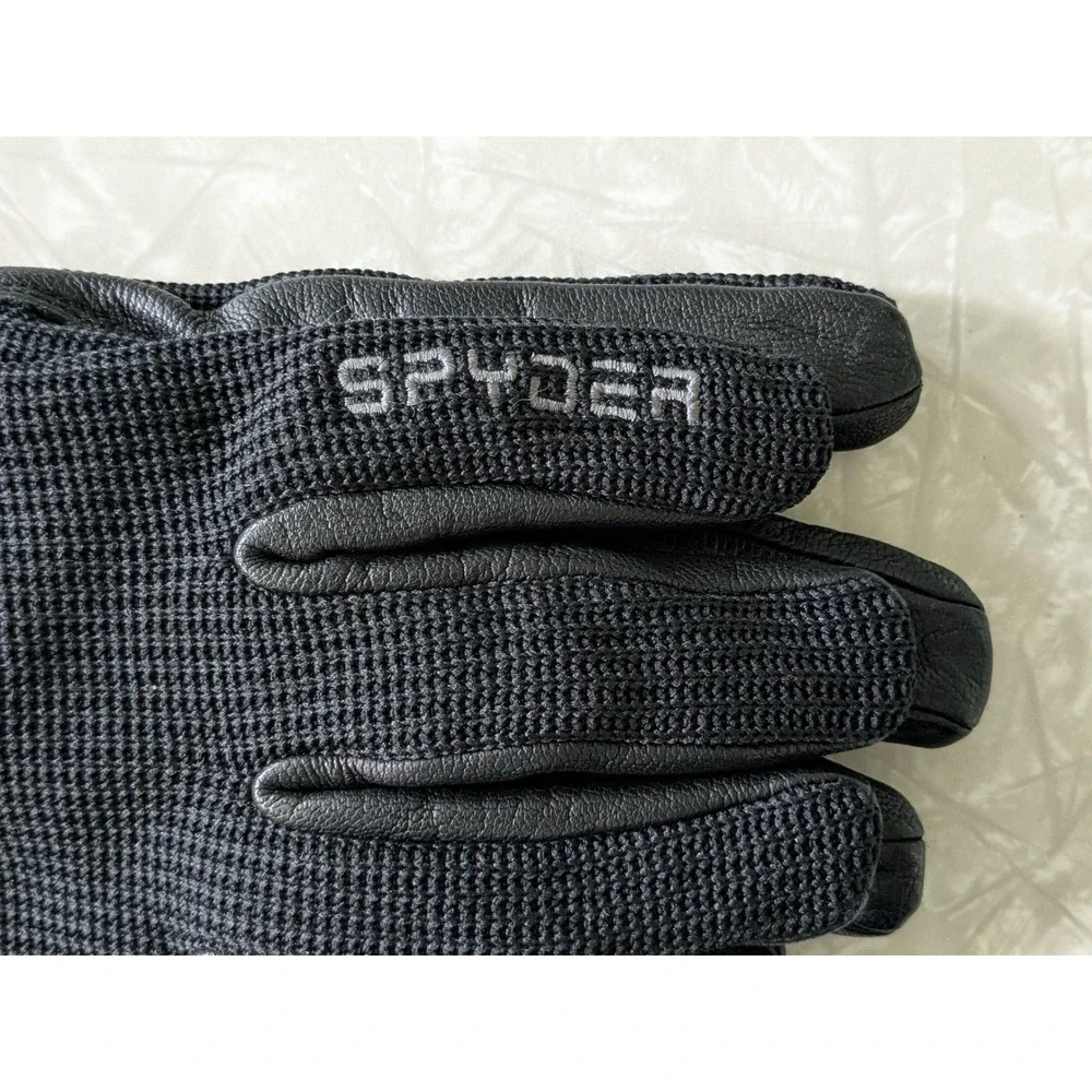 Spyder Black Knit and Leather Gloves Womens Large Mens Small Winter Ski Sport